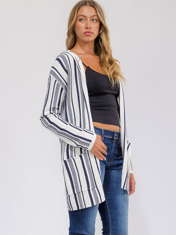 WOMEN'S LONG SLEEVE POCKETS OPEN FRONT COLORBLOCK STRIPES HOODED CARDIGAN