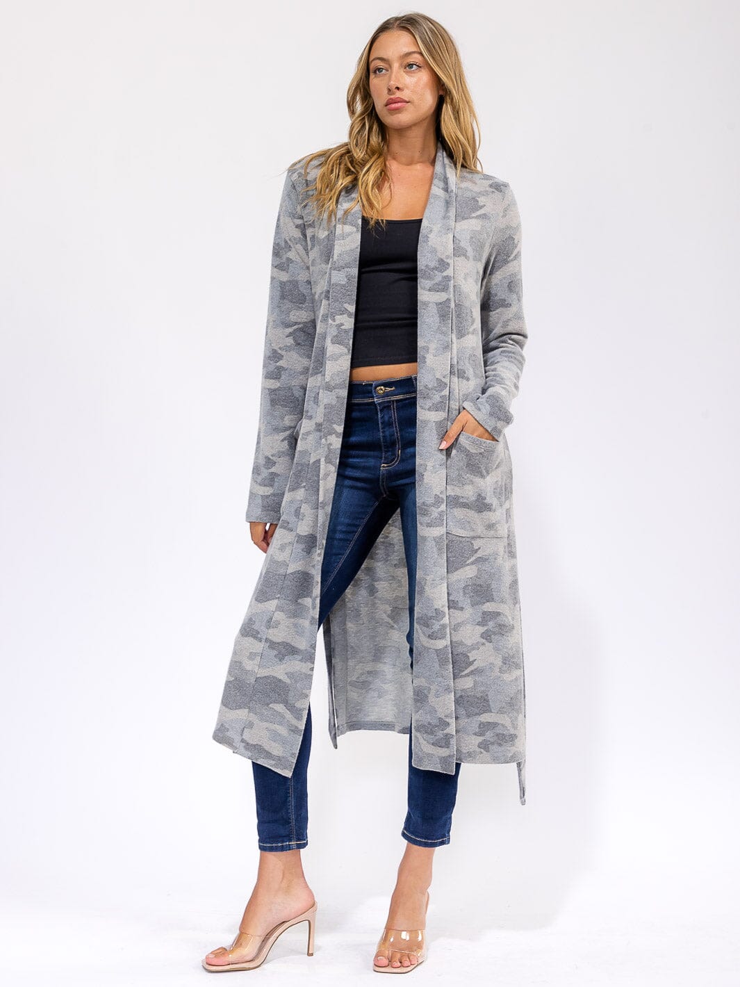 WOMEN'S LONG SLEEVE SELF TIE FRONT POCKETS CAMO PRINT COAT