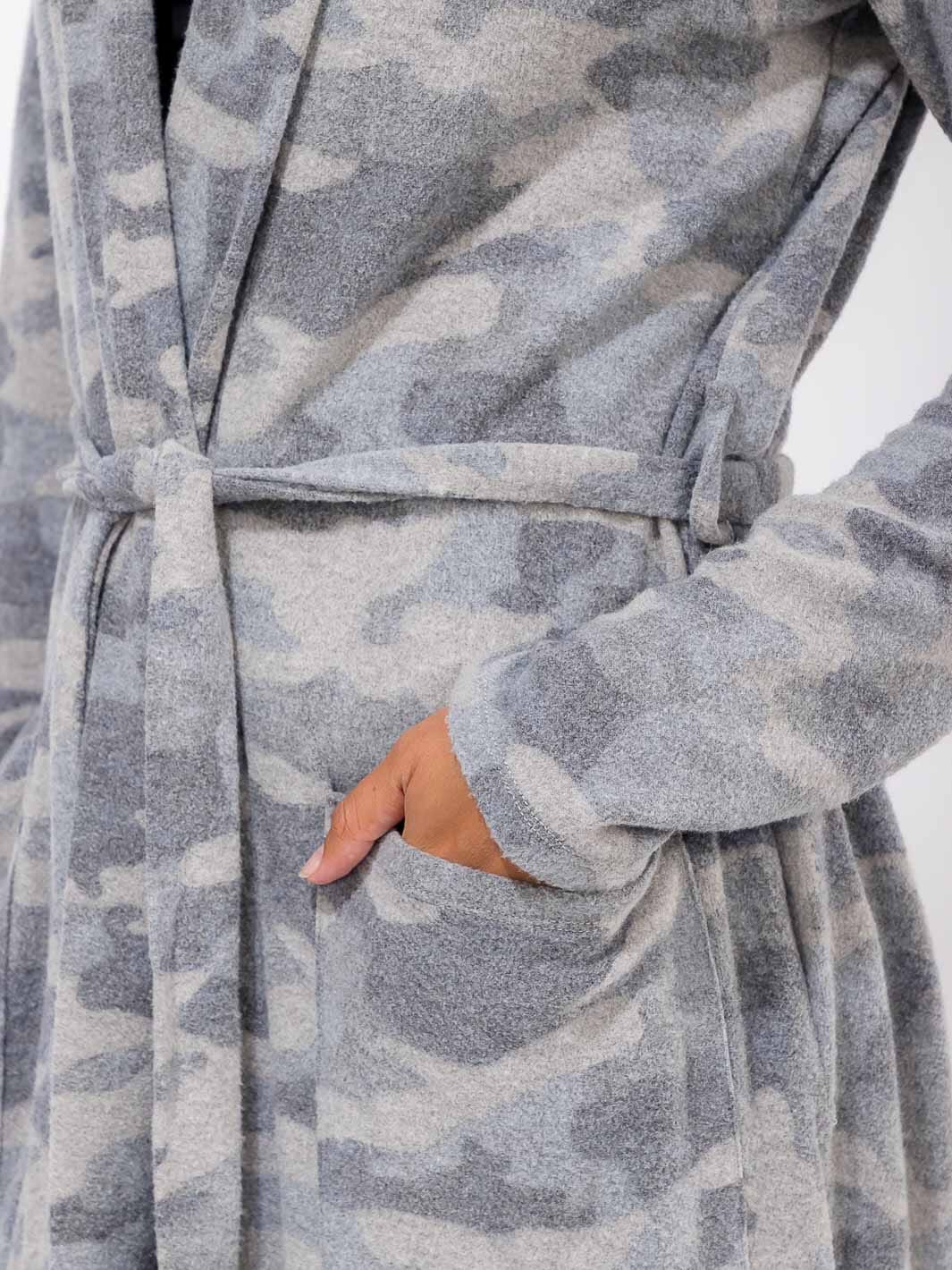 WOMEN'S LONG SLEEVE SELF TIE FRONT POCKETS CAMO PRINT COAT