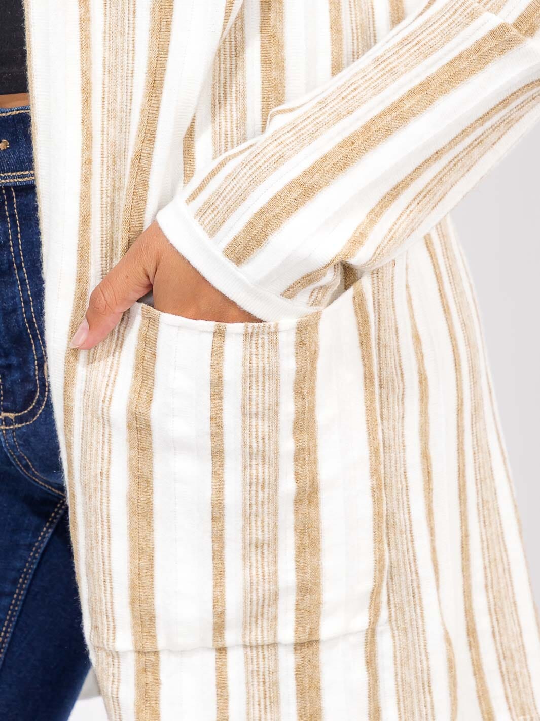 WOMEN'S LONG SLEEVE POCKETS OPEN FRONT COLORBLOCK STRIPES HOODED CARDIGAN