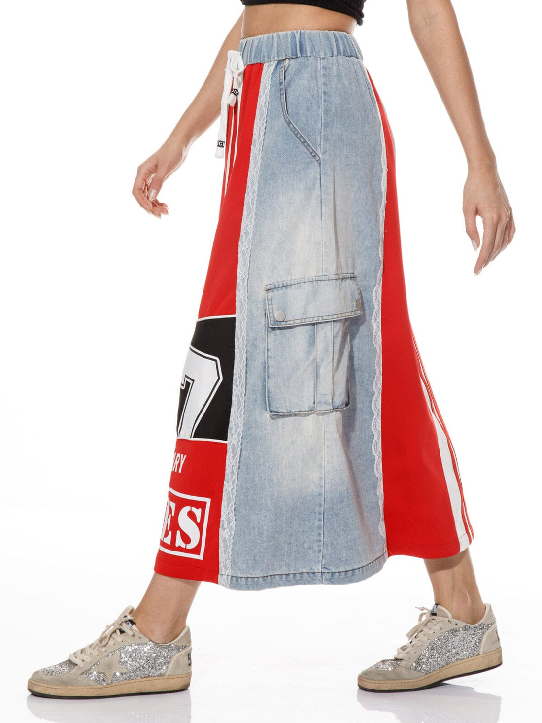 WOMEN'S ELASTIC WAIST SELF TIE POCKETS CONTRAST DENIM MAXI SKIRT