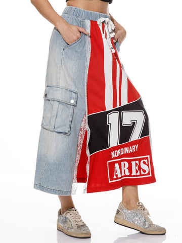 WOMEN'S ELASTIC WAIST SELF TIE POCKETS CONTRAST DENIM MAXI SKIRT