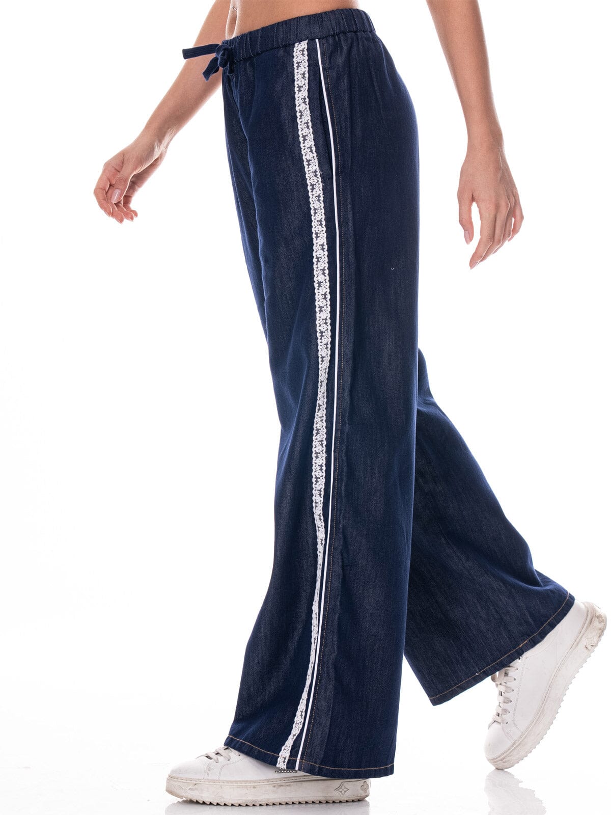 WOMEN'S ELASTIC WAIST SELF TIE POCKETS TRIM DETAILED WIDE LEG DENIM PANTS