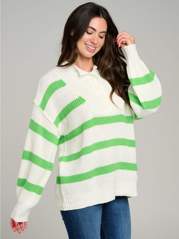 WOMEN'S LONG SLEEVE BUTTON UP COLORBLOCK STRIPES KNIT PULLOVER SWEATER