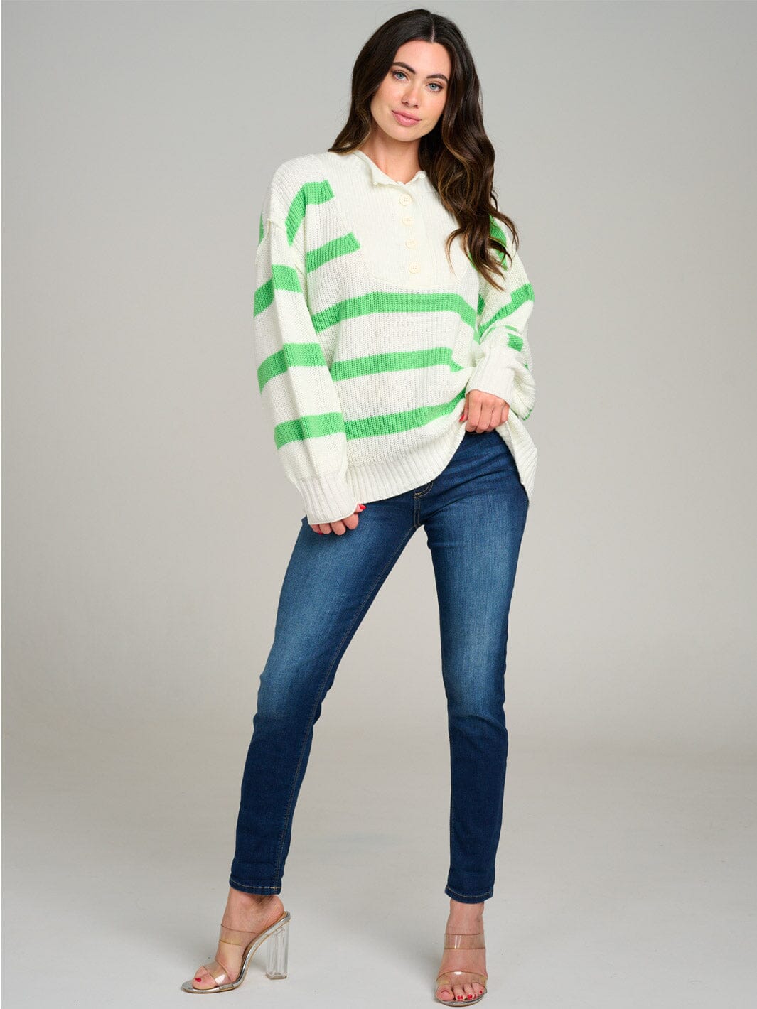 WOMEN'S LONG SLEEVE BUTTON UP COLORBLOCK STRIPES KNIT PULLOVER SWEATER