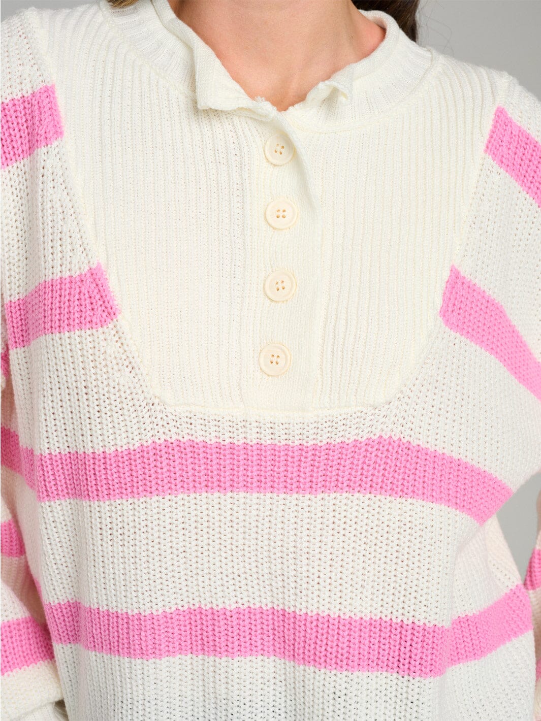 WOMEN'S LONG SLEEVE BUTTON UP COLORBLOCK STRIPES KNIT PULLOVER SWEATER