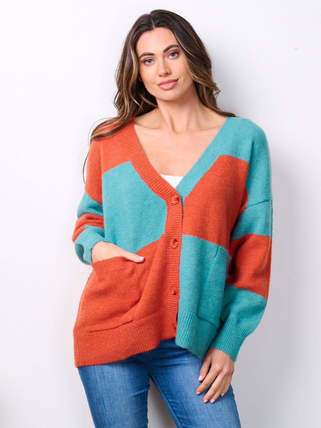 WOMEN'S LONG SLEEVE BUTTON UP POCKETS COLORBLOCK SWEATER CARDIGAN