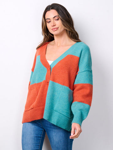 WOMEN'S LONG SLEEVE BUTTON UP POCKETS COLORBLOCK SWEATER CARDIGAN