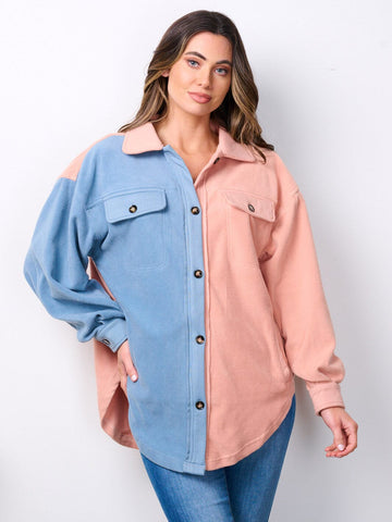 WOMEN'S LONG SLEEVE BUTTON UP POCKETS COLORBLOCK OVERSIZED TOP
