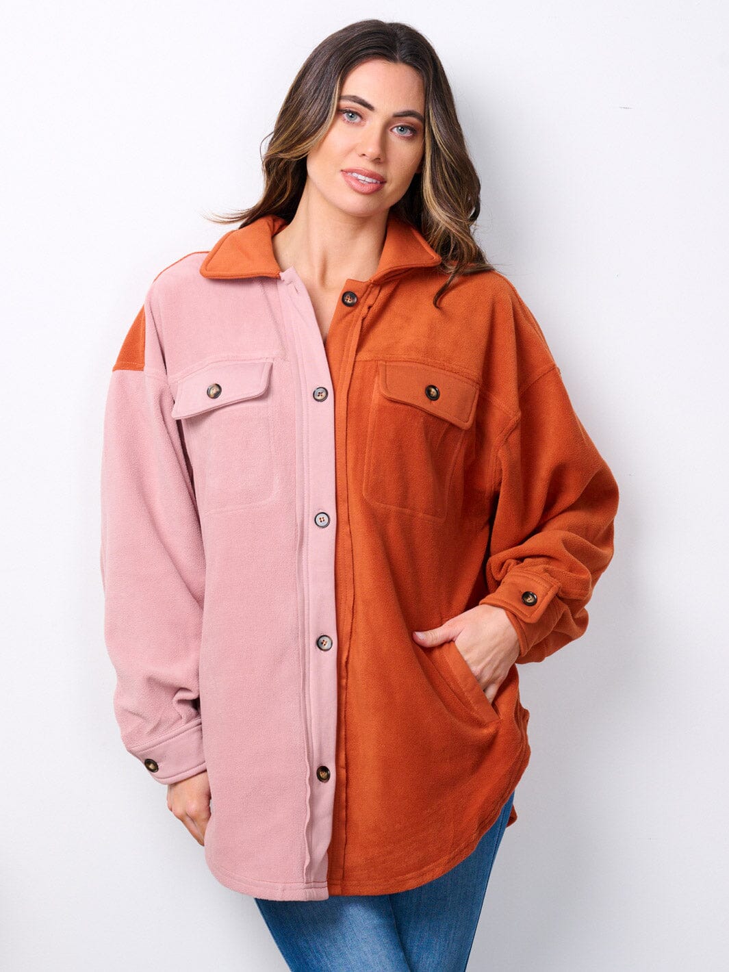 WOMEN'S LONG SLEEVE BUTTON UP POCKETS COLORBLOCK OVERSIZED TOP
