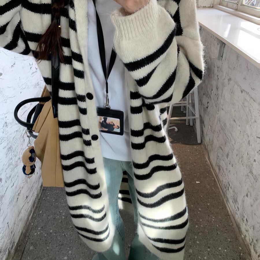 Oversized Women Hooded Cardigan Sweater Long Loose Knee Length Knit Coat Striped Autumn Winter