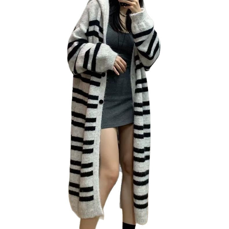 Oversized Women Hooded Cardigan Sweater Long Loose Knee Length Knit Coat Striped Autumn Winter