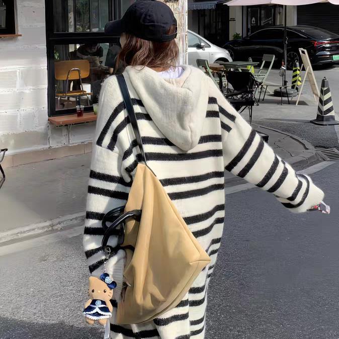 Oversized Women Hooded Cardigan Sweater Long Loose Knee Length Knit Coat Striped Autumn Winter