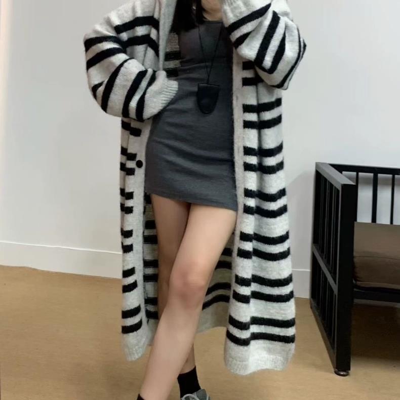 Oversized Women Hooded Cardigan Sweater Long Loose Knee Length Knit Coat Striped Autumn Winter