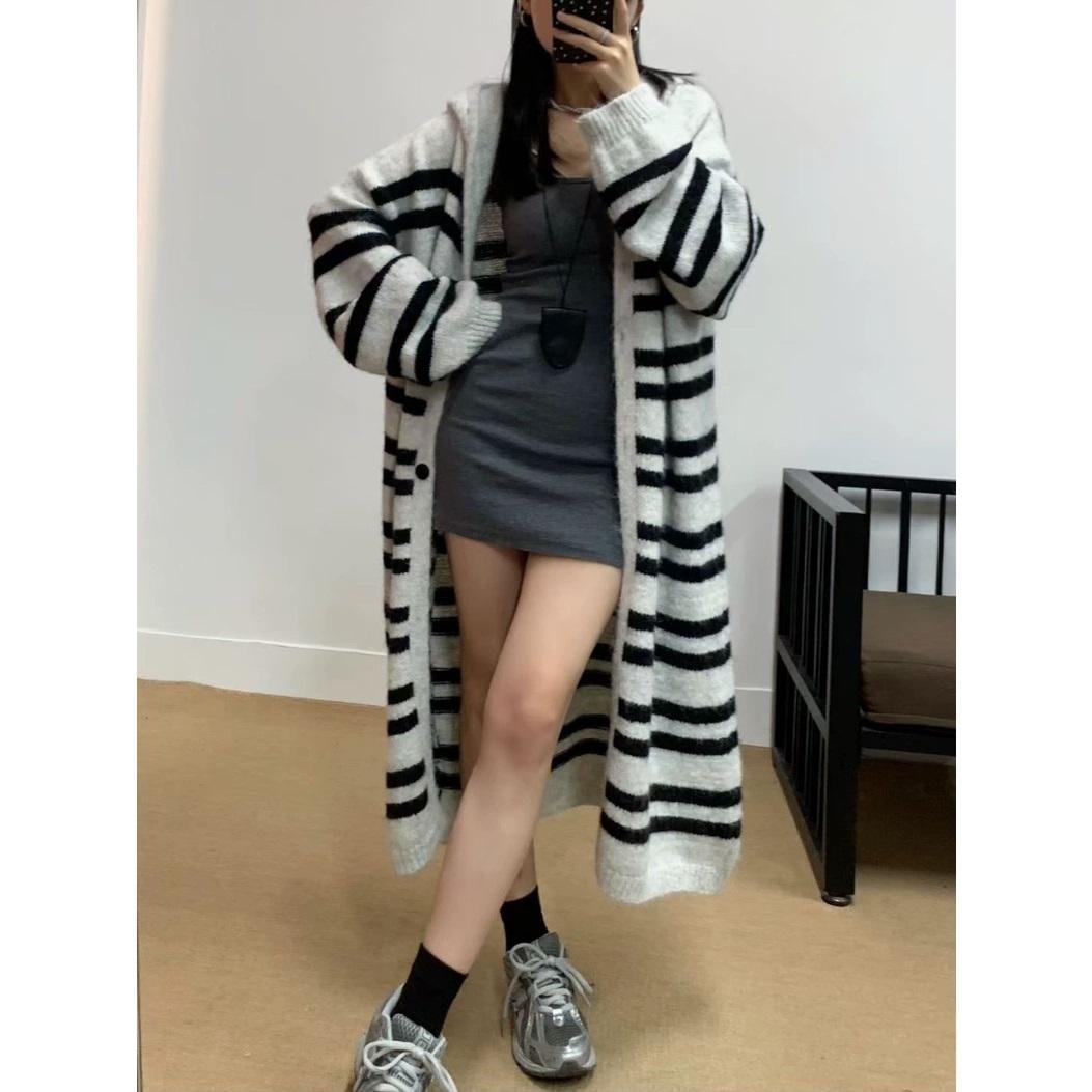 Oversized Women Hooded Cardigan Sweater Long Loose Knee Length Knit Coat Striped Autumn Winter