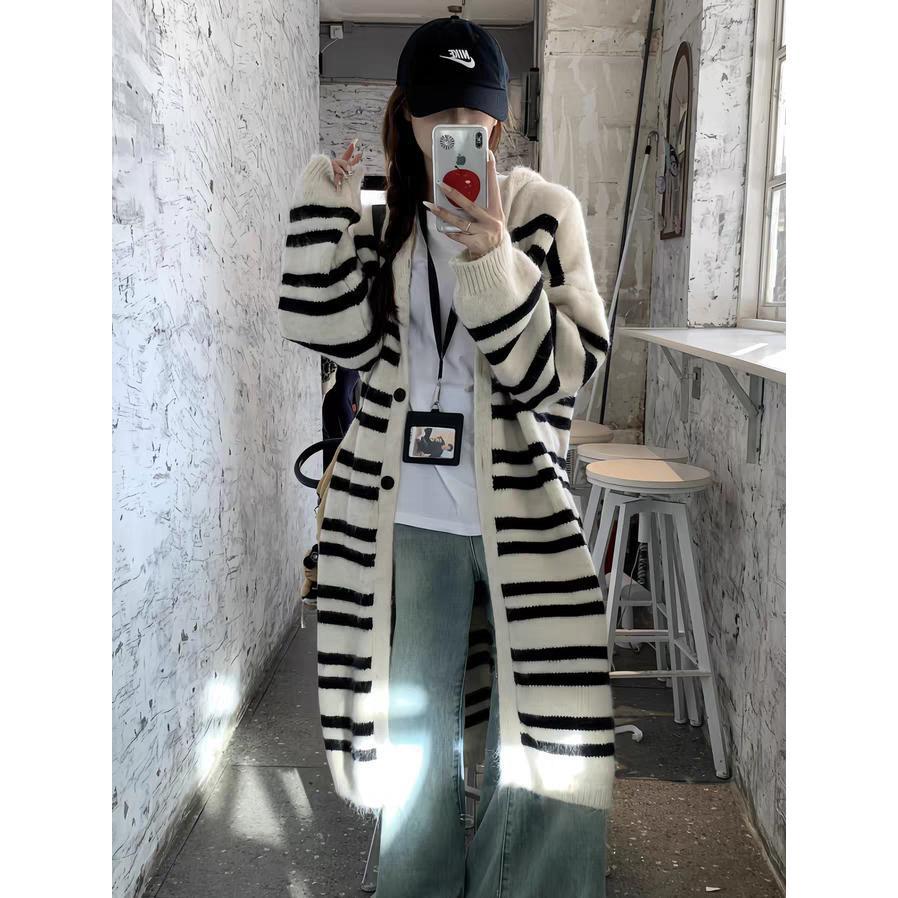 Oversized Women Hooded Cardigan Sweater Long Loose Knee Length Knit Coat Striped Autumn Winter