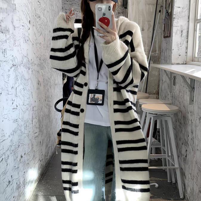 Oversized Women Hooded Cardigan Sweater Long Loose Knee Length Knit Coat Striped Autumn Winter