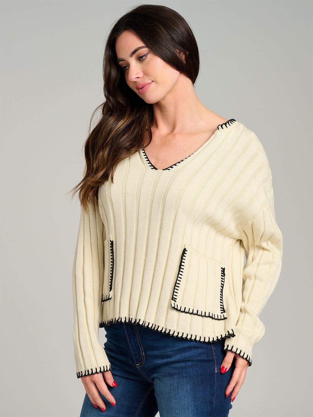 WOMEN'S LONG SLEEVE V-NECK FRONT POCKETS RIBBED PULLOVER SWEATER