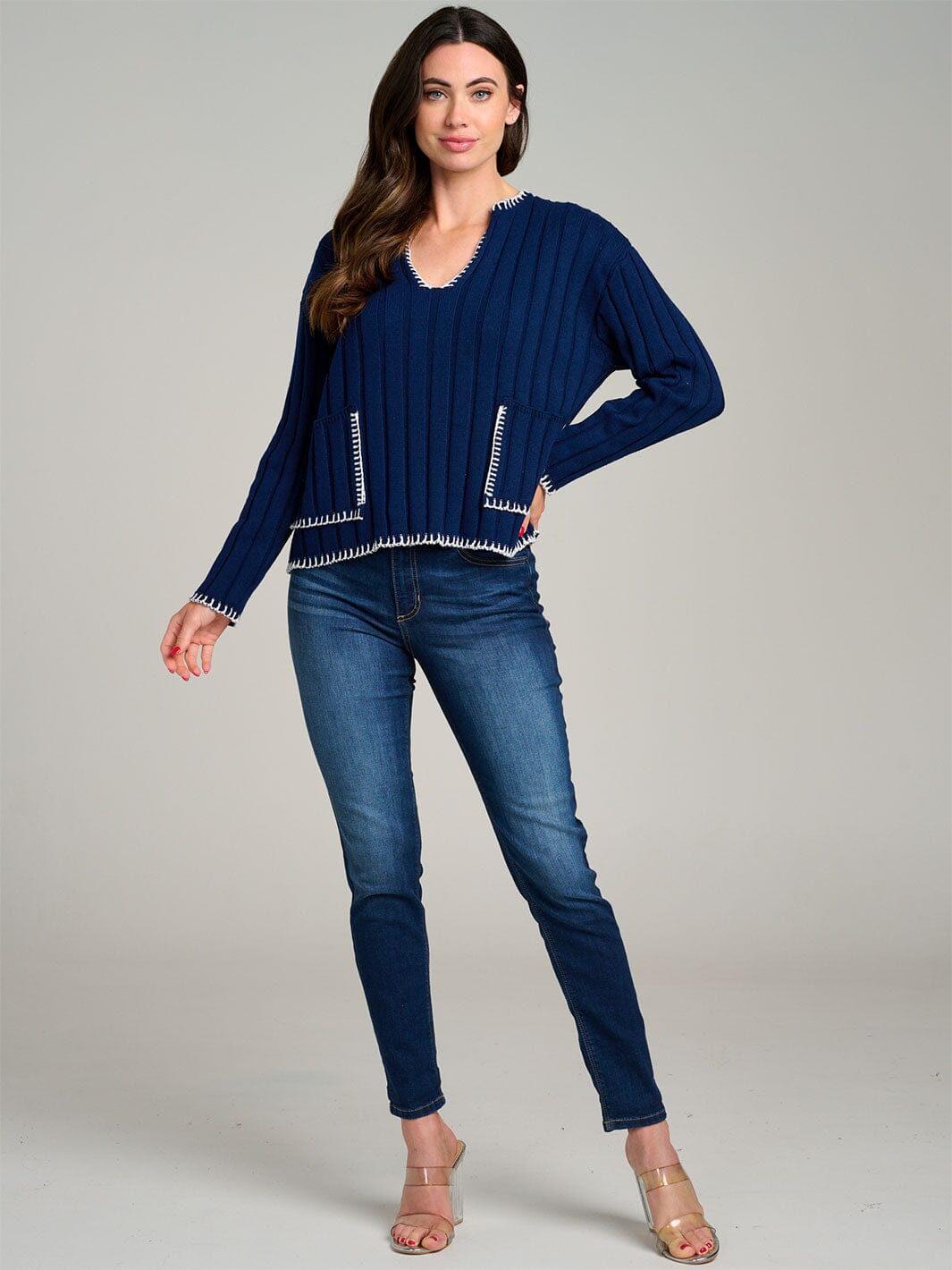 WOMEN'S LONG SLEEVE V-NECK FRONT POCKETS RIBBED PULLOVER SWEATER
