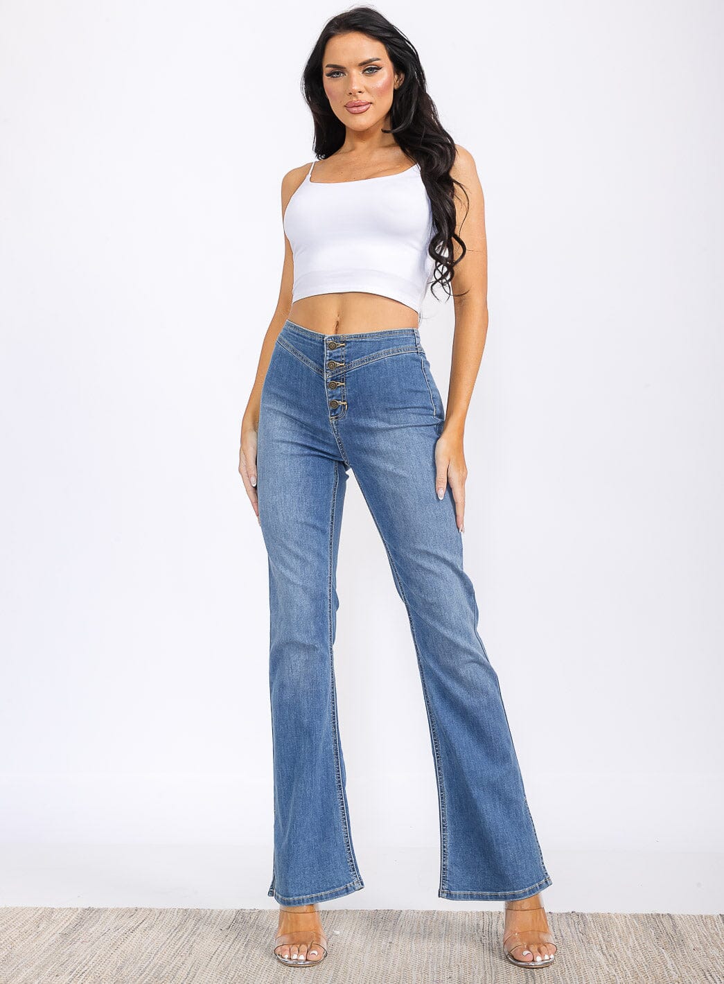WOMEN'S BUTTON CLOSURE WASHED BELL LEG DENIM PANTS