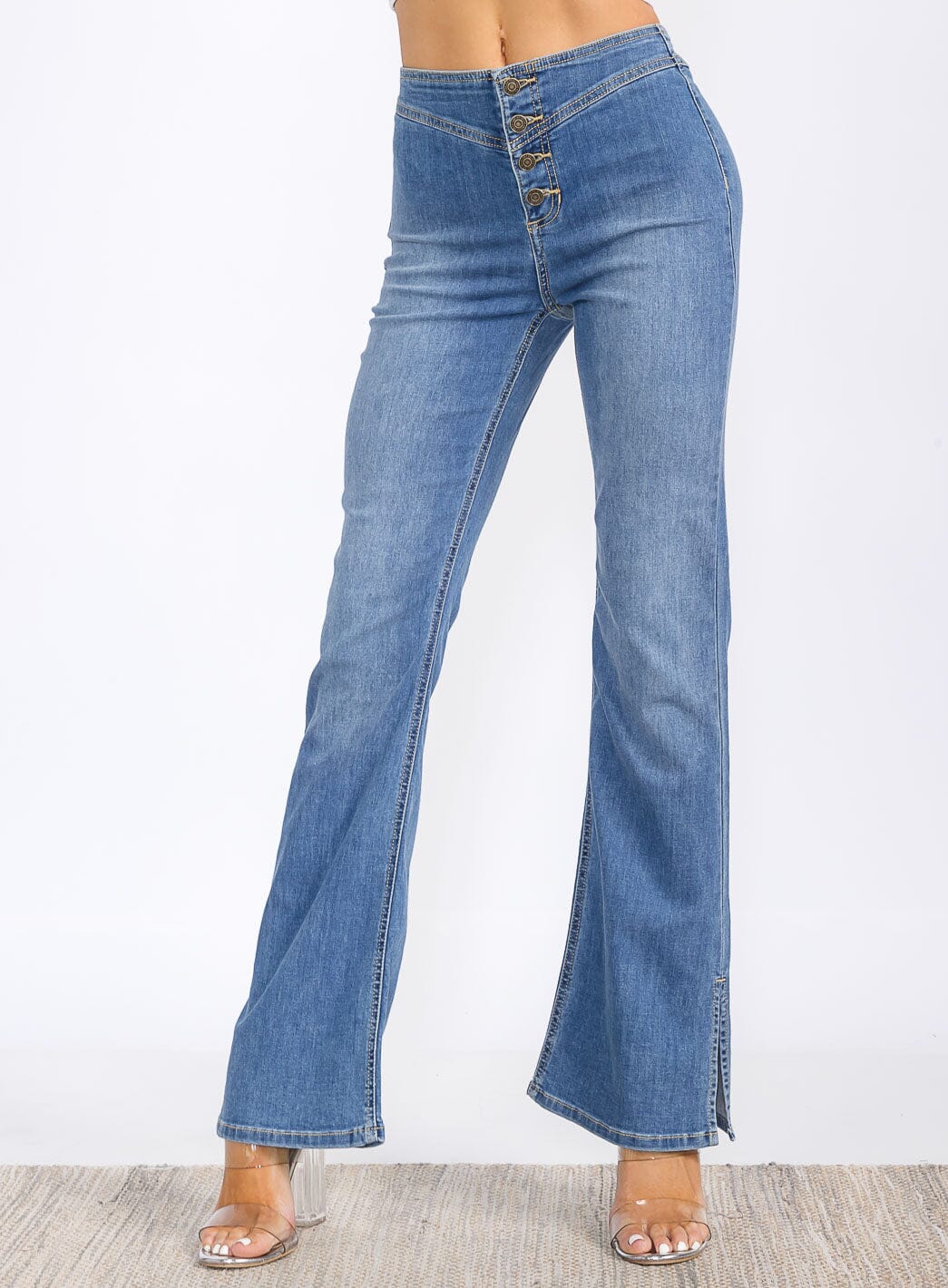 WOMEN'S BUTTON CLOSURE WASHED BELL LEG DENIM PANTS