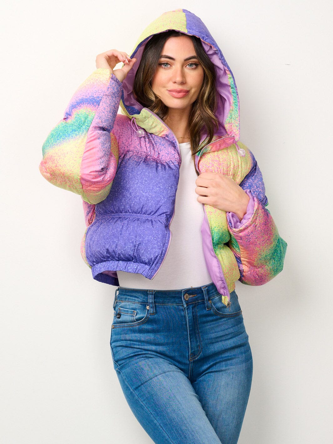 WOMEN'S LONG SLEEVE ZIP UP HOODED MULTI COLOR PUFFER JACKET