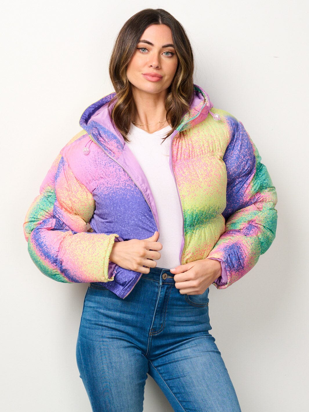 WOMEN'S LONG SLEEVE ZIP UP HOODED MULTI COLOR PUFFER JACKET
