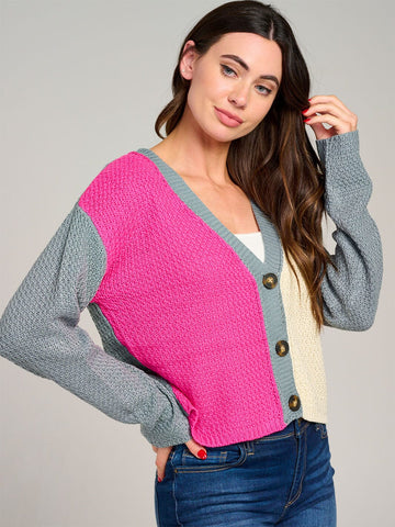 WOMEN'S LONG SLEEVE BUTTON CLOSURE COLORBLOCK KNIT SWEATER